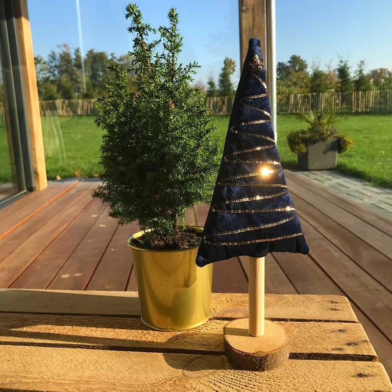 Kerstboom stof/hout - blauw goud - 30 cm