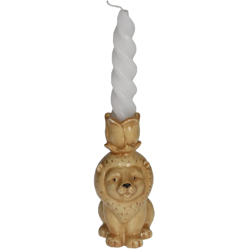 Candle Stick Lion Stoneware Brown 7.6x6.2x13.5cm
