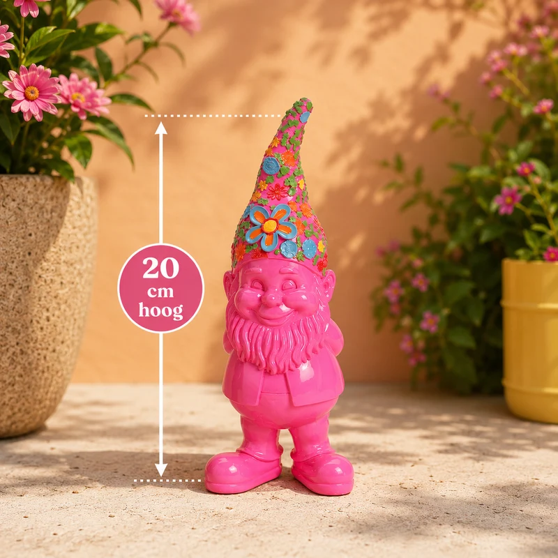 Tuinkabouter Bloemen - Roze, geel of groen - 20 cm