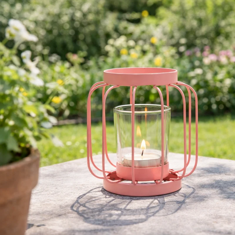 Windlicht Metaal & Glas – Kleurrijke Lantaarn Roze, Mint & Geel 12 cm