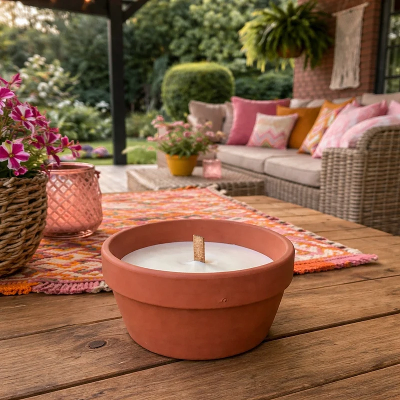 Citronella kaars in aardewerk pot – buitenkaars – terra, lila & lichtgroen Ø12 cm