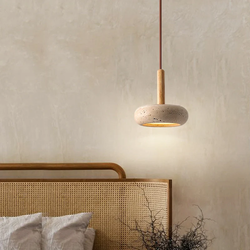 Japanse Hanglamp – Geel Travertin met Houten Accent en Geïntegreerde LED