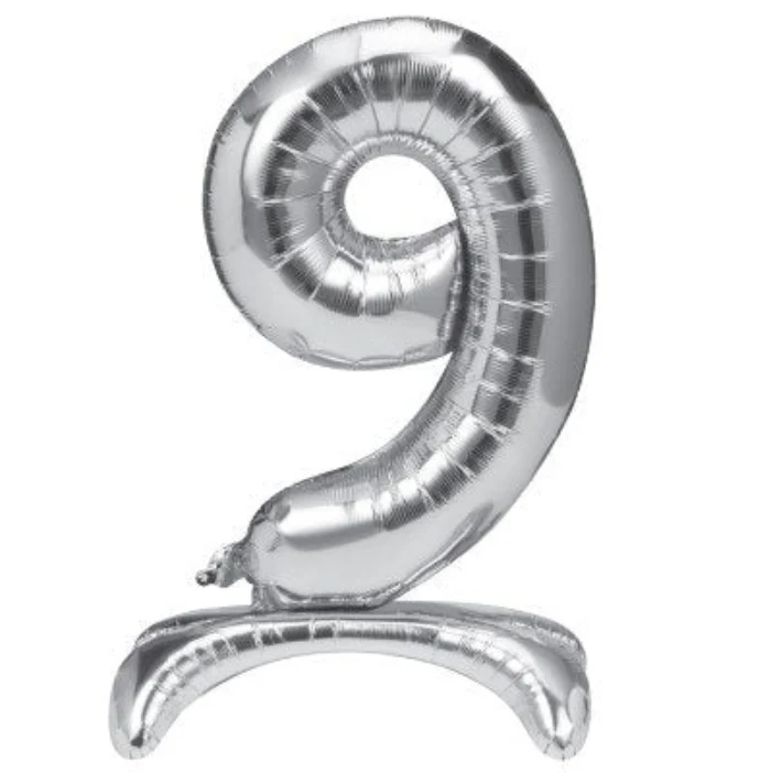 Folieballon staand 9 zilver - 68 cm