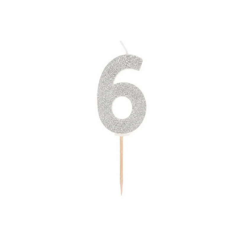 Cijferkaarsje 6 zilver glitter – 1 stuk