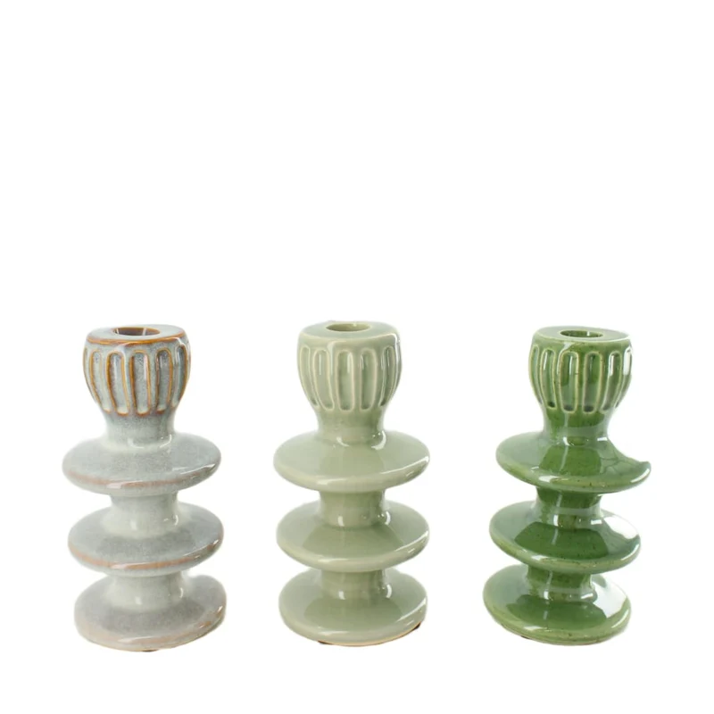 Dinnercandle holder ceramic 9x9x18cm 3 assorti Mixed green