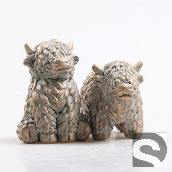Hooglander Koe 2 assortie Cement Goud 8x7.5x11 cm