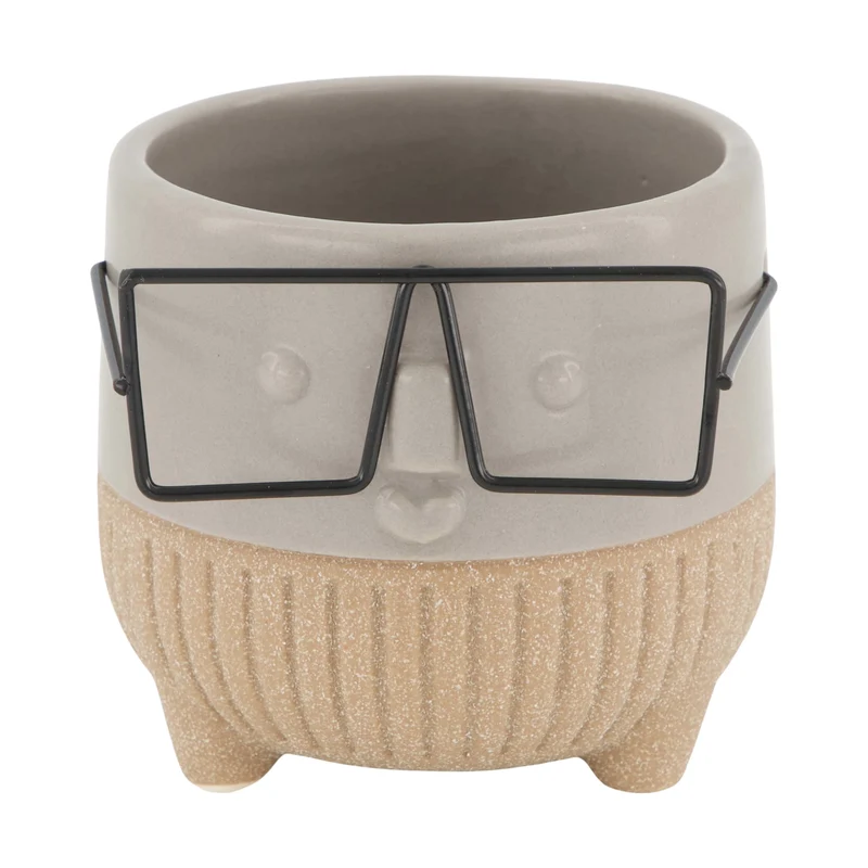 Planter face with glasses ceramic 8x8x7.3cm Grey