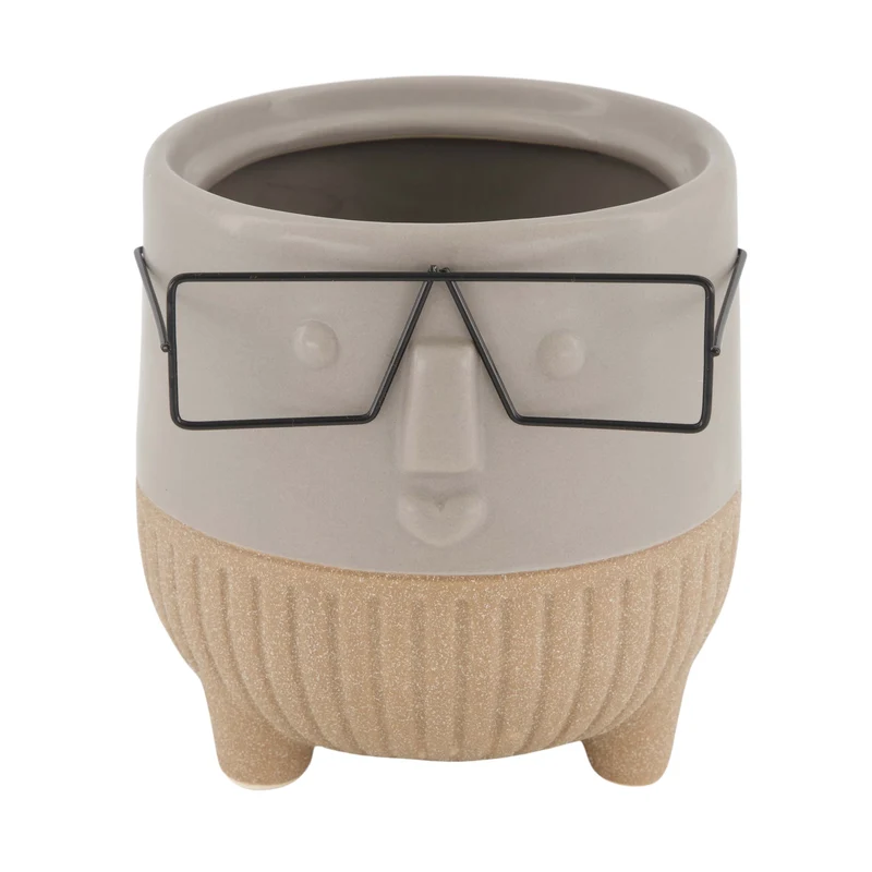 Planter face with glasses ceramic 12.5x12.5x13cm Grey