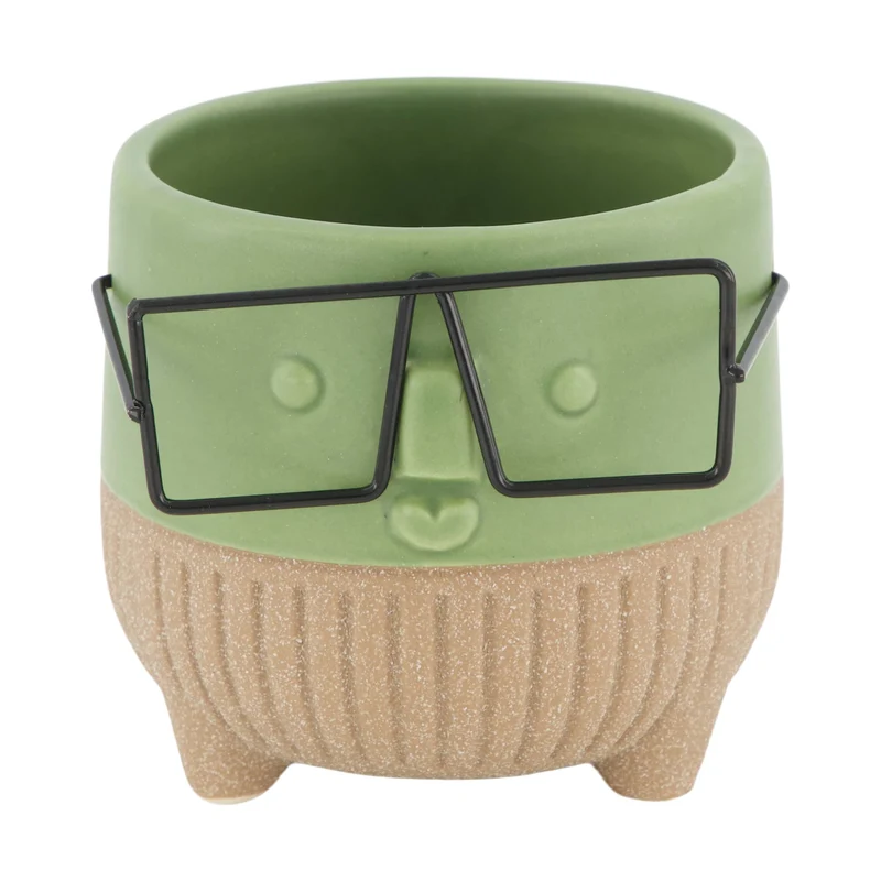 Planter face with glasses ceramic 8x8x7.3cm Green
