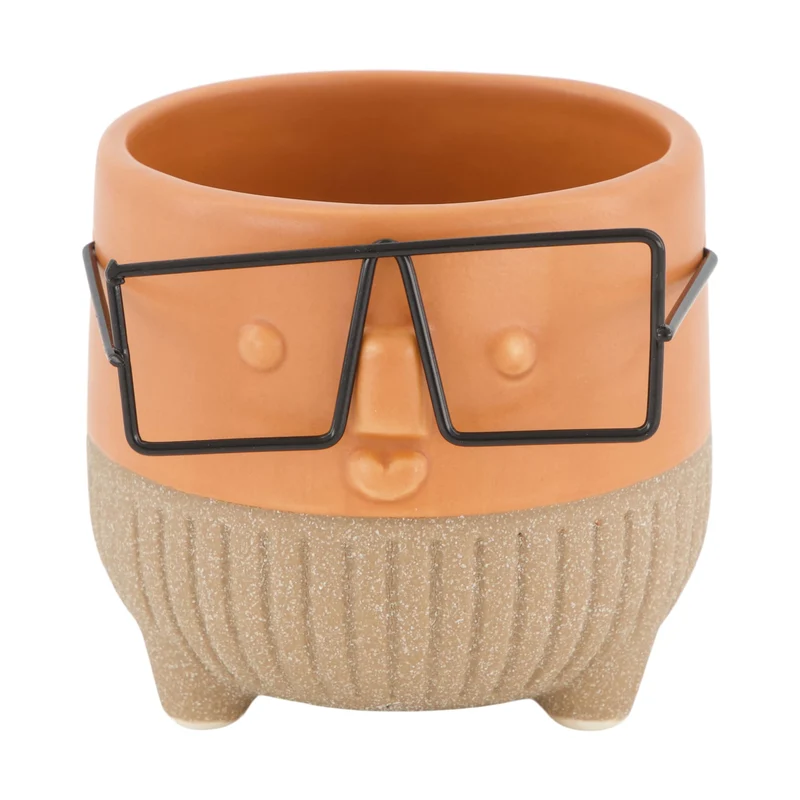 Planter face with glasses ceramic 8x8x7.3cm Orange
