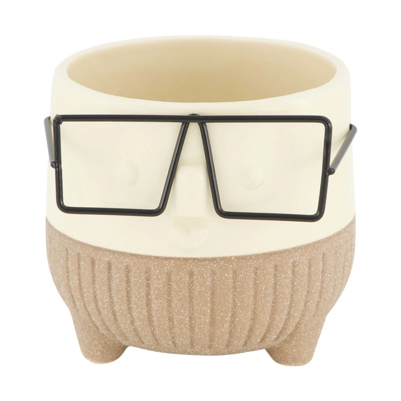 Planter face with glasses ceramic 8x8x7.3cm Cream