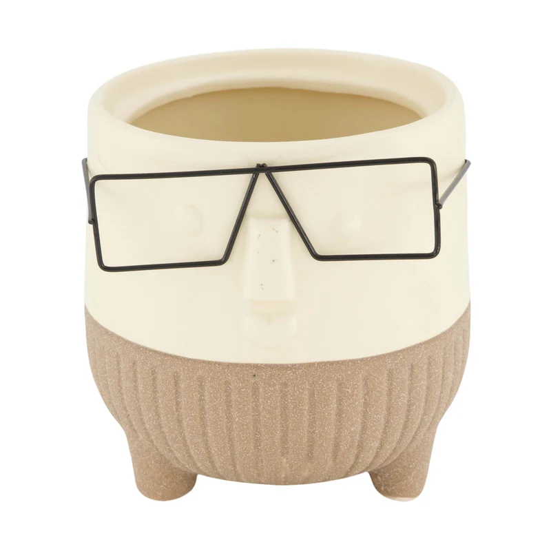 Planter face with glasses ceramic 12.5x12.5x13cm Cream