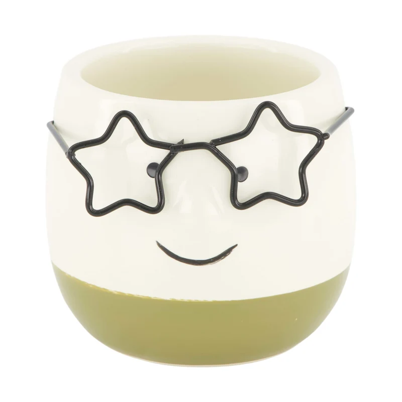 Planter face with glasses ceramic 7.5x7.5x6.5cm Green