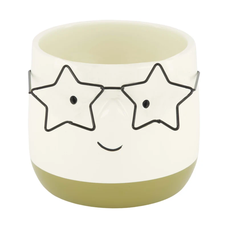 Planter face with glasses ceramic 11.8x11.8x10.5cm Green
