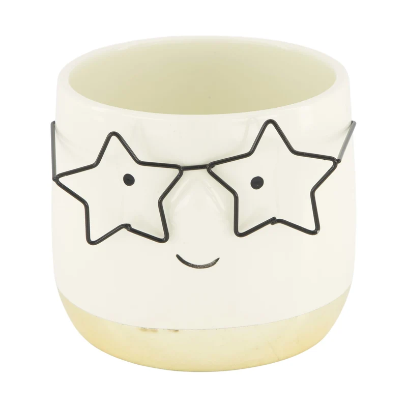 Planter face with glasses ceramic 11.8x11.8x10.5cm Gold