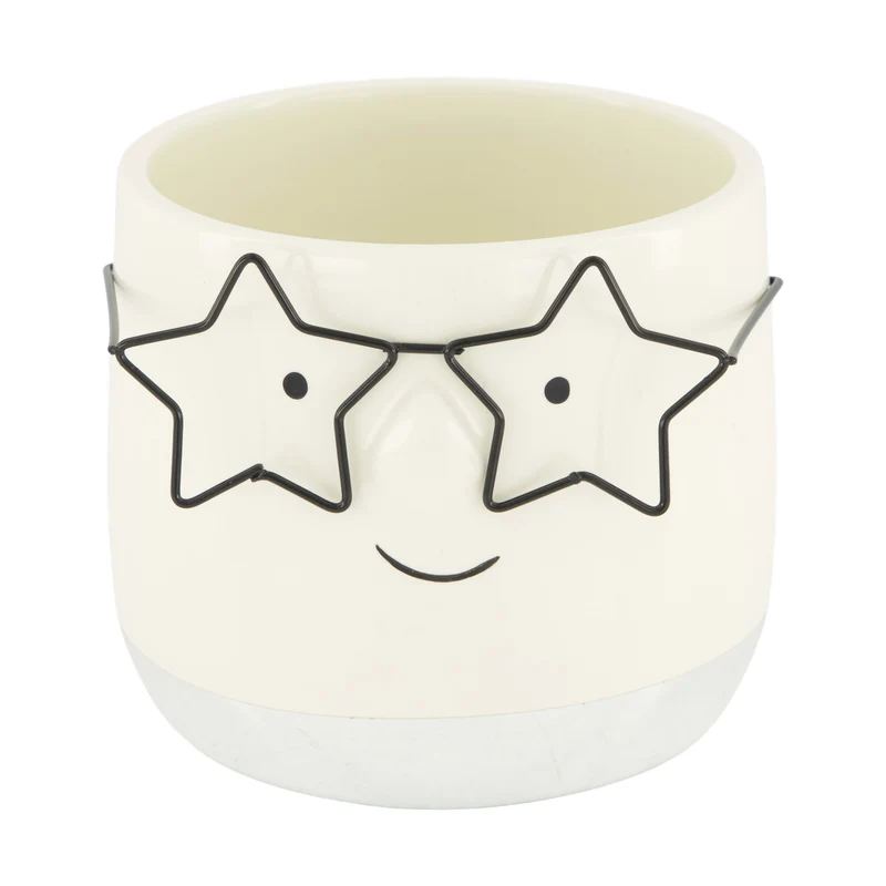 Planter face with glasses ceramic 11.8x11.8x10.5cm Silver