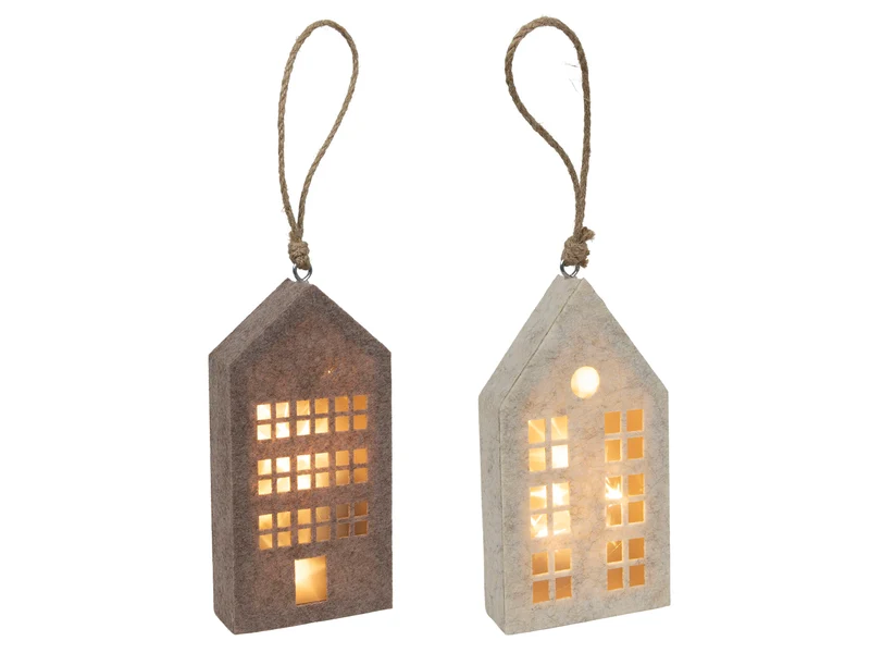 Huis hanger beige/bruin vilt led 20cm 2 assortie