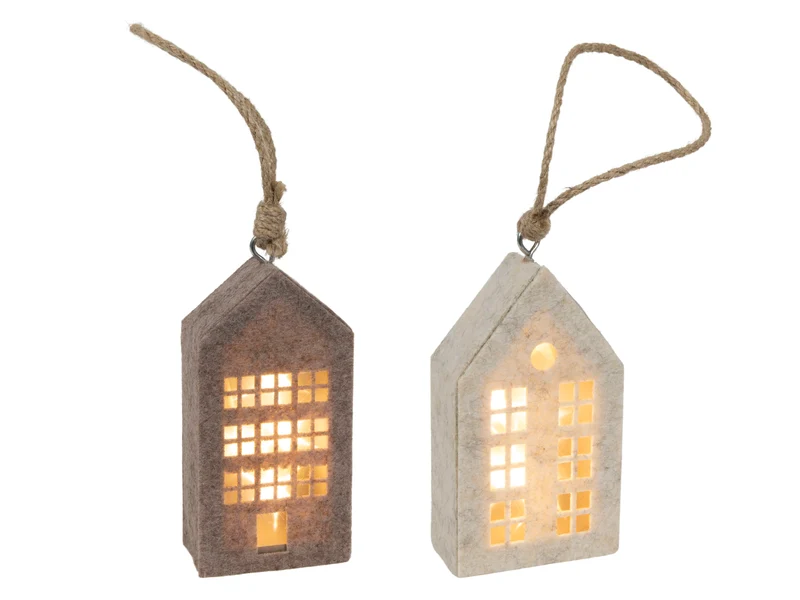 Huis hanger beige/bruin vilt led 14,5cm 2 assortie