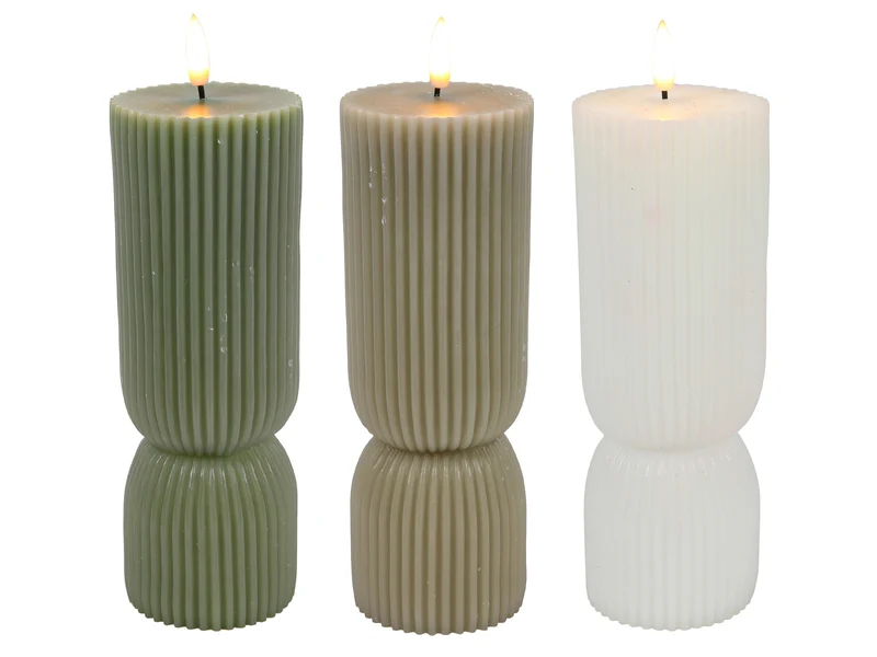 Led kaars ribbel wit/z.groen/grijs d7x20cm 3 assortie 2xAA excl.