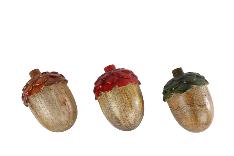 Sculptuur "Acorn" naturel/kleur 3 assortie mango/aluminium 7x7x11cm