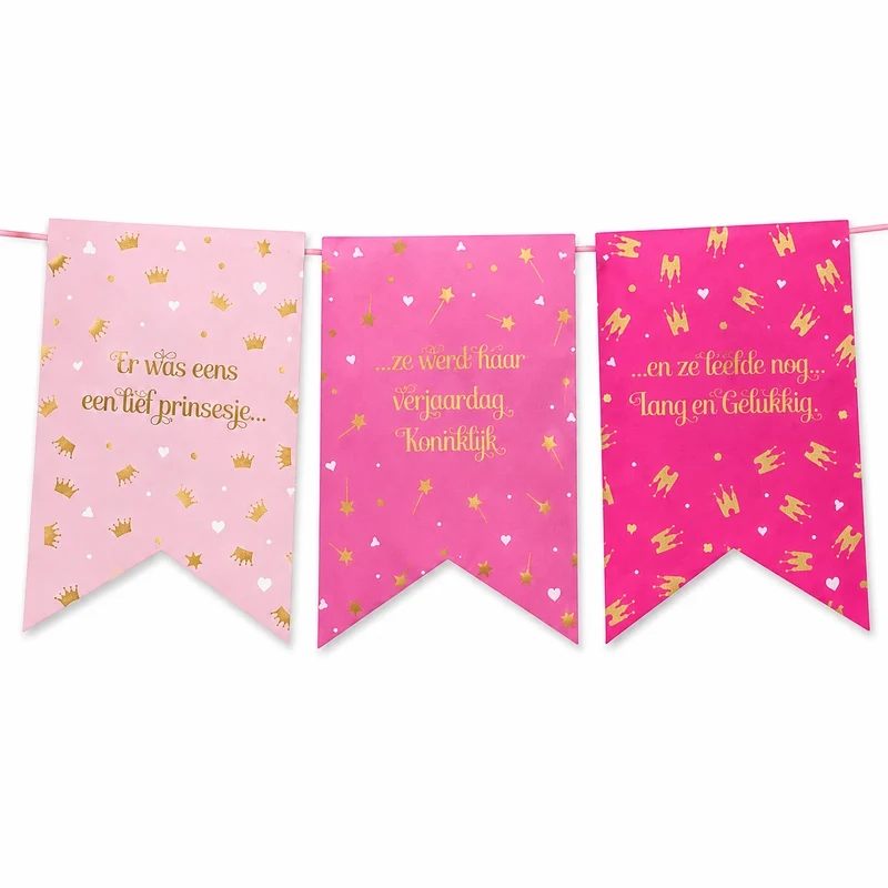 Vlaggenlijn prinses roze/goud - 5m (15 vlaggen)