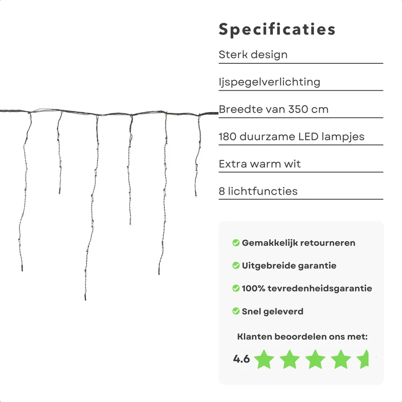 Cheqo® IJspegel Lichtgordijn - Ijspegelverlichting - Lichtgordijn - Gordijnverlichting - Kerstverlichting - 3.5m - 180 LED's - Extra Warm Wit - Soft Wire - 8 Lichtfuncties - IP44 - Binnen/Buiten - 6W - Zuinig in Verbruik Kerstsfeer
