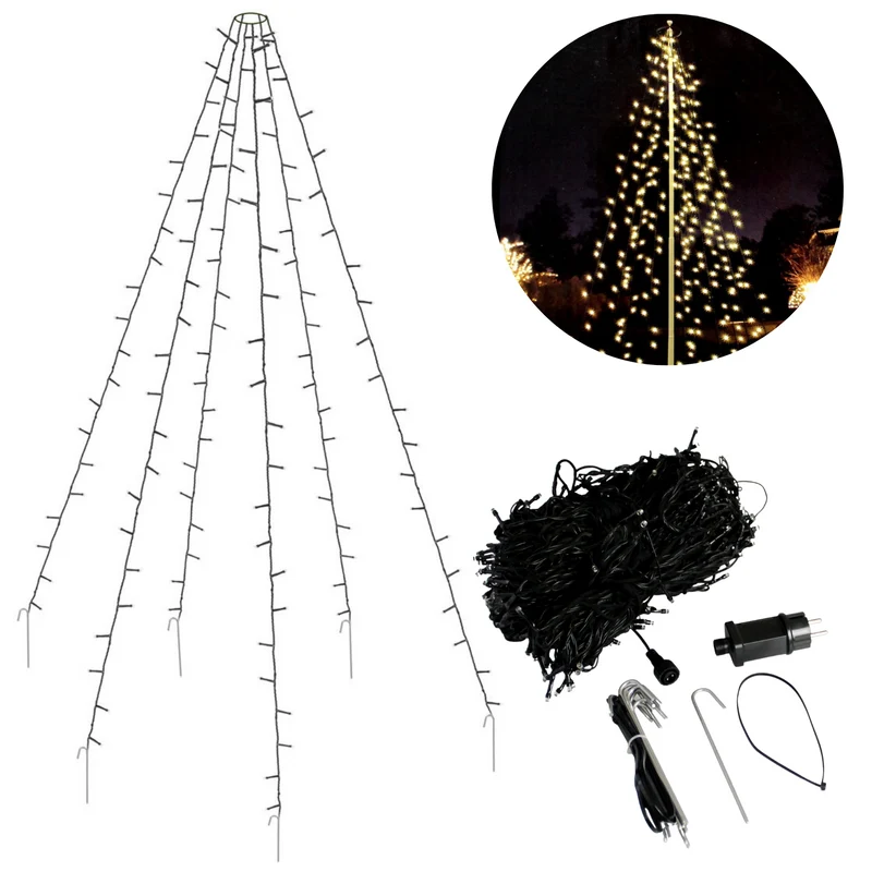 Cheqo® Vlaggenmast Verlichting - Lichtketting Vlaggenmast - Kerstverlichting - Kerstboom Verlichting - 400 LED's - 8 Meter - Met Haringen
