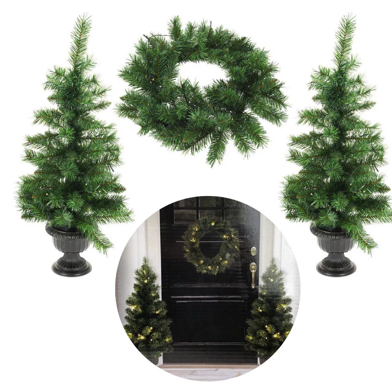 Cheqo® Luxe Kerstdecoratie Set - Kerstbomen Set - 2 Kleine Kerstbomen - Kerstkrans - Inclusief LED - Op Batterijen - Timerfunctie - Voor Buiten en Binnen - Kerstset