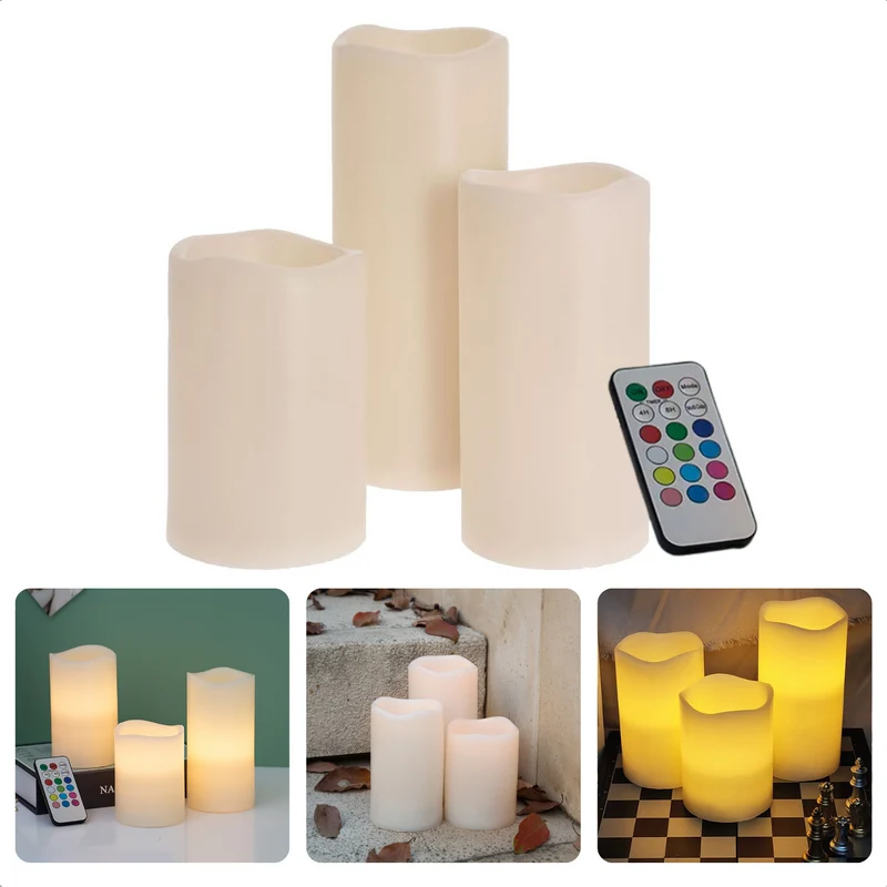 Cheqo® LED Kaarsen voor Binnen en Buiten - 3 stuks - Realistische Kaarsen - Bewegende Vlam - 15cm, 20cm, 25cm - Afstandsbediening - Timer - IP44 - Warm Wit - Met Batterijen