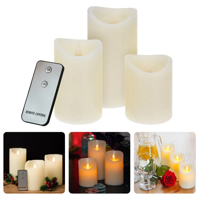 Cheqo® Set van 3 LED Kaarsen met Afstandsbediening - Realistische Led Kaarsen - Lichtgevende Kaarsen -Realistisch Vlameffect - Wax - 15, 12.5 & 10 cm Hoogte - 7.5 cm Diameter - Incl. Knoopcelbatterij