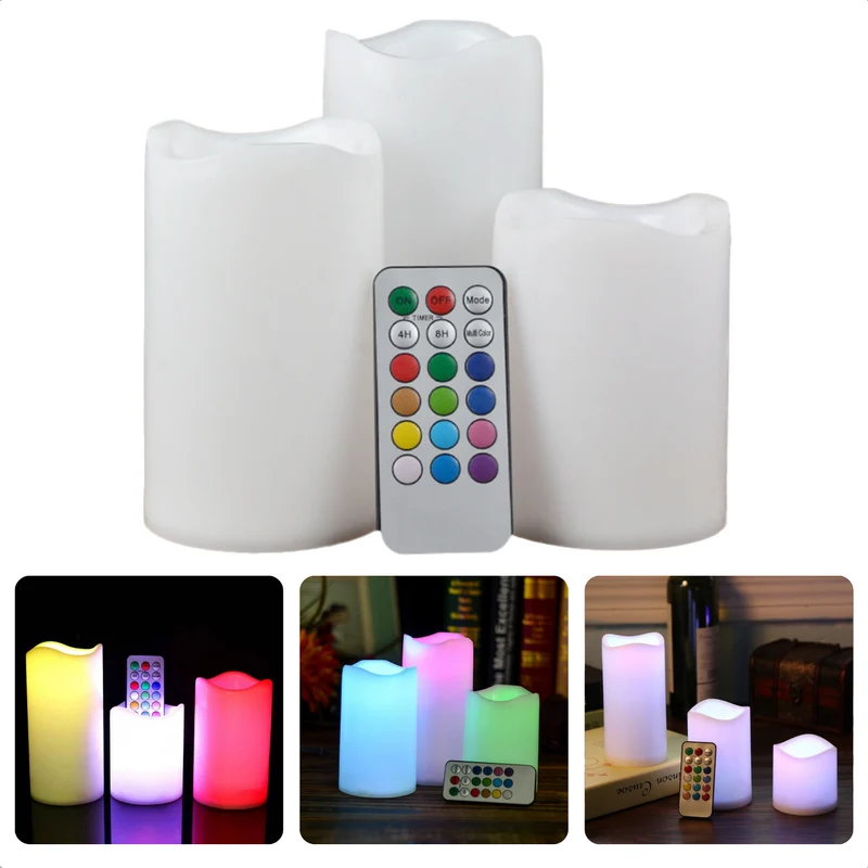 Cheqo® Wax LED Kaarsen Set met Afstandsbediening - Realistische Led Kaarsen - Lichtgevende Kaarsen - Multicolor - Timerfunctie - 10cm, 12.5cm en 15cm - 7.5cm Diameter - Inclusief Batterijen