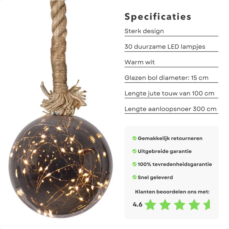 Cheqo® Jute Touw Verlichte Glazen Bal - Kerstbal Lamp - 30 LED's - 15cm - 100cm - Natuurlijk & Landelijk Interieur - Trendy Industrieel - 300cm Aanloopsnoer - IP20 - 230V, 50Hz, 1.8W, 3V, 15mA.