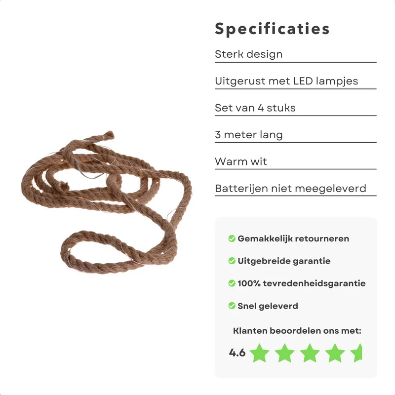 Cheqo® Lichtslang van Jute - Jute Touw - Touw met LED - Lichtsnoer Touw - Touwverlichting - Kerstverlichting - 3 Meter - Op Batterijen - 4 Stuks