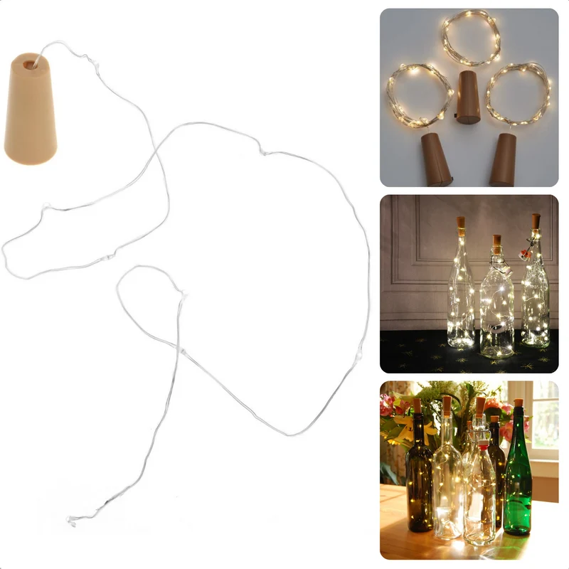 Cheqo® Kurk met 8 LED Lampjes - Flesverlichting - Maak van Je lege Wijnfles een Sfeervol Woonaccessoire - 75cm Koperlichtstreng - 8 Warm-Wit LED-Lampjes - Aan-Uit Schakelaar - Met Batterijen