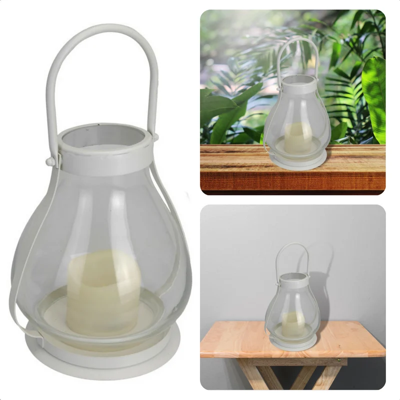 Cheqo® Lantaarn met LED-kaars - Tafel Lantaarn - Tafellamp - Glazen lantaarn met metalen frame - Aan/Uit schakelaar - 22/34cm hoog - 18cm diameter glas - Op Batterijen