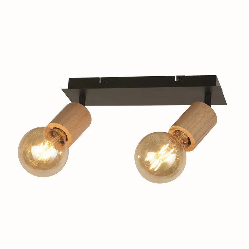 Spinny Schijnwerper met 2 lampen, hout en zwart metaal