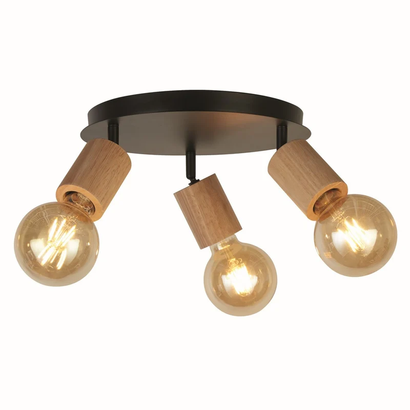 Spinny Ronde spot met 3 lichtpunten - hout en zwart metaal