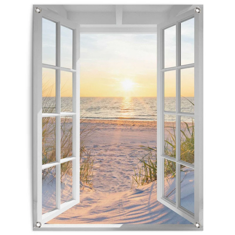 Reinders tuinposter Zonsondergang door het raam - 80x60cm