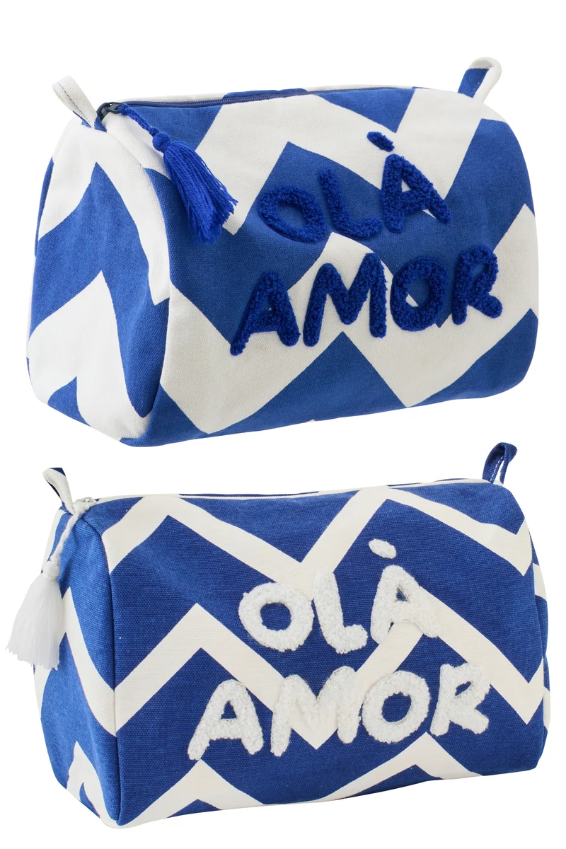 J-Line toilettas Ola Amor - katoen - wit/donkerblauw - set van 2
