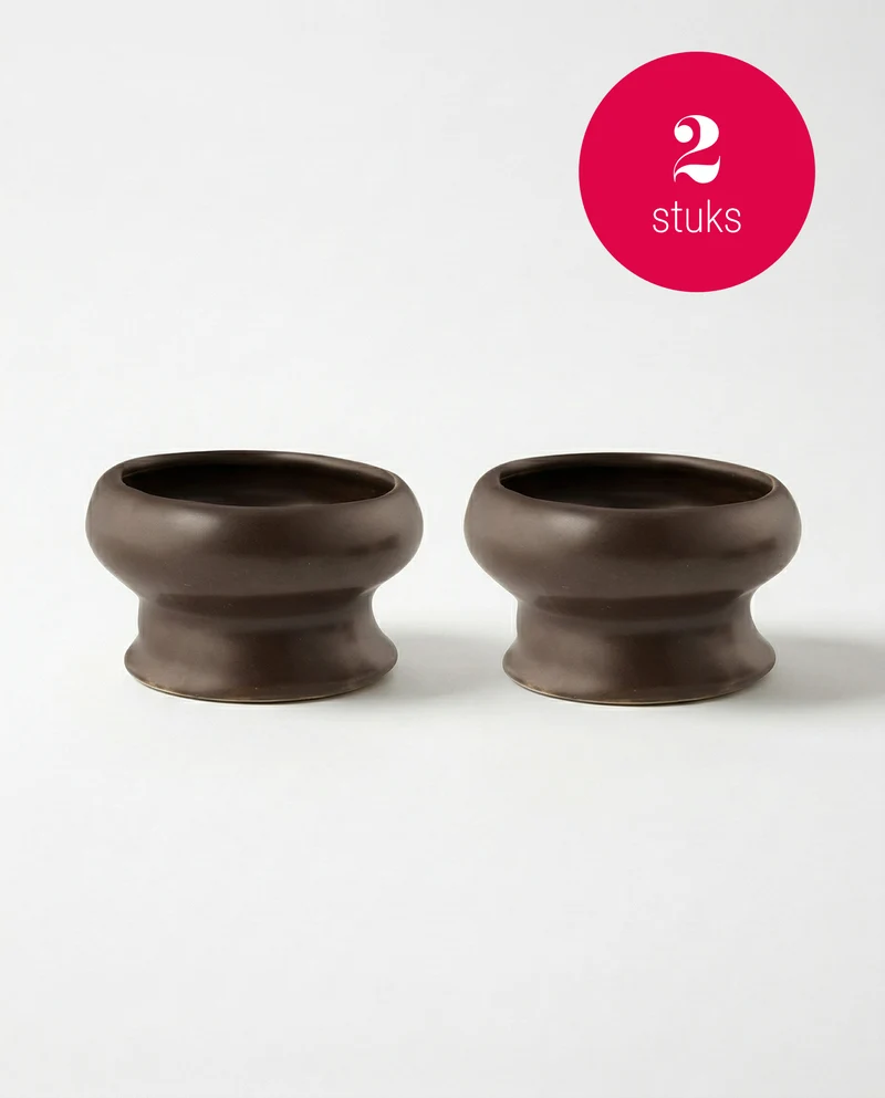 vtwonen - Waxinelichthouders Organic - Keramiek - Donkerbruin - 9 x 5.5 cm - Set van 2