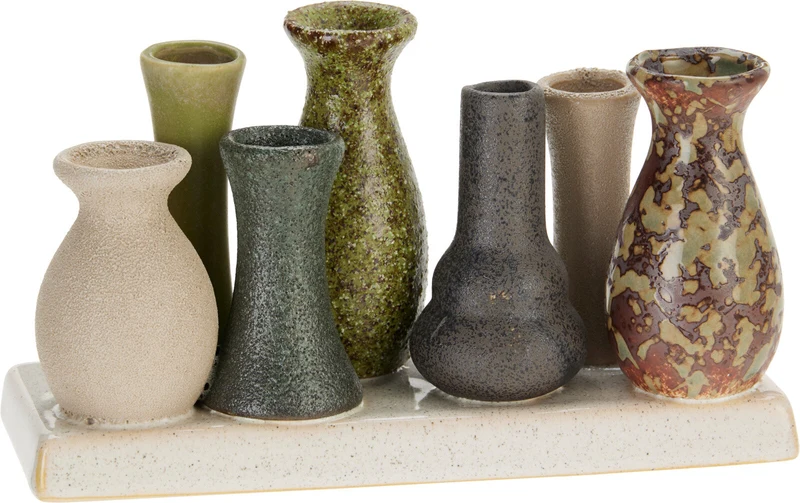 VAASJES OP PLATEAU KERAMIEK 7STS 19X7X10CM GROEN