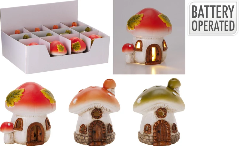 PADDENSTOEL KERAMIEK MET LED 8,5X7,5X9CM 3 ASORTIE (incl. 2X LR44)