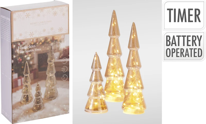 BOMEN VAN GLAS MET LED SET VAN 3 STUKS D6/7/8 H15/22,5/28,5CM GOUD (excl. 8X AAA)