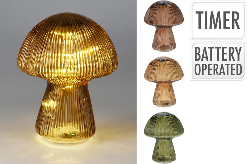 PADDENSTOEL GLAS MET LED D12 H15CM 3 ASSORTIE KLEUREN