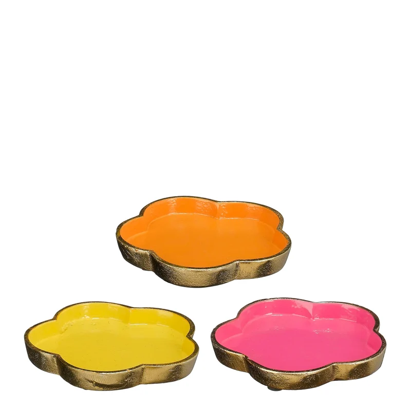 Decoratie schaal bloem roze oranje geel 3 assorti - h1,5xd11cm - aluminium