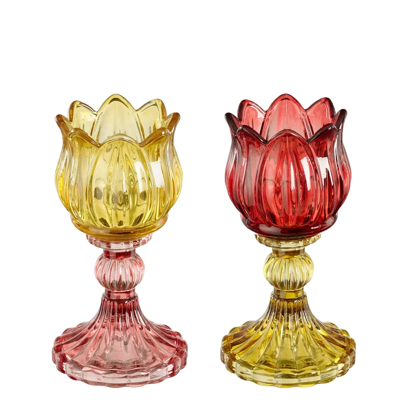 Theelicht houder tulp roze paars 2 assorti - h15xd8cm