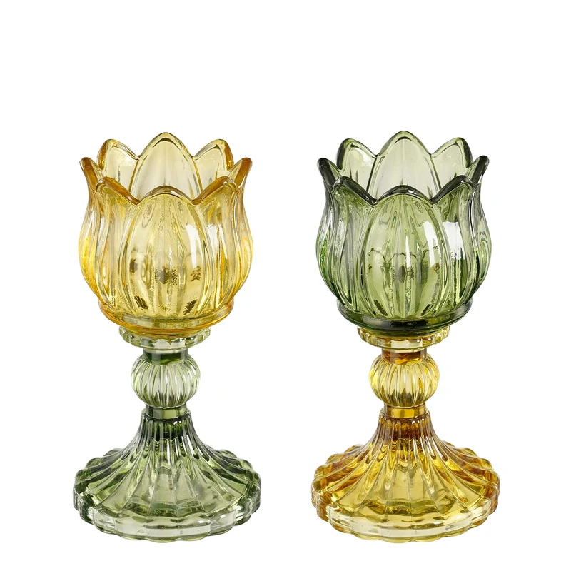 Theelicht houder tulp geel groen 2 assorti - h15xd8cm