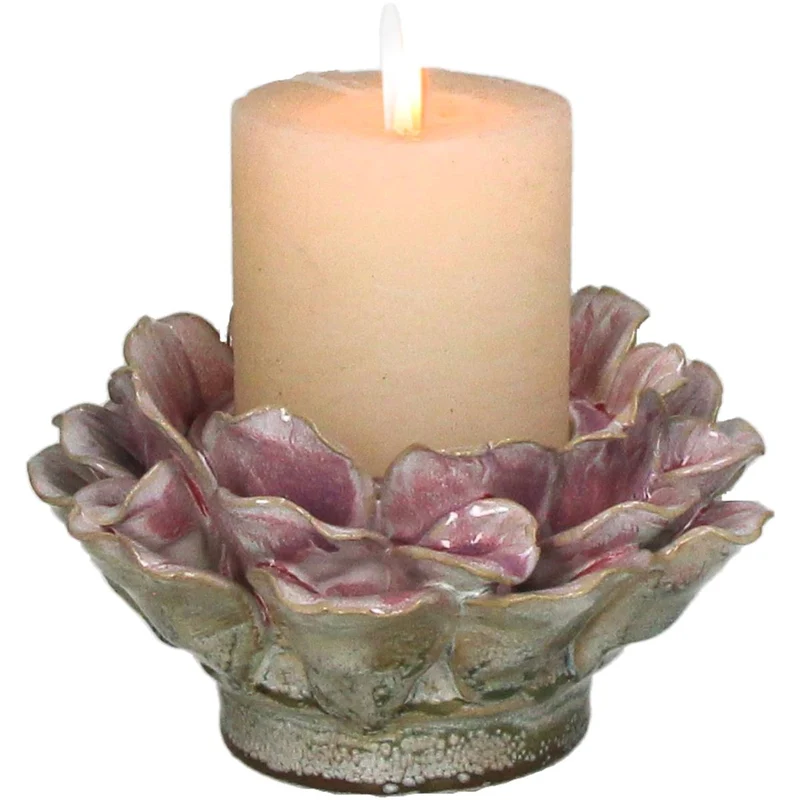 Candle Holder Flower Stoneware Pink 16x16x9cm