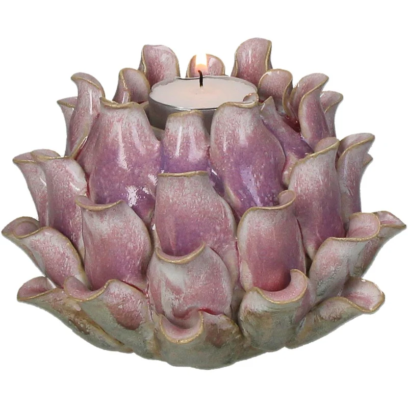 Candle Holder Flower Stoneware Pink 14.5x14.5x10.5cm