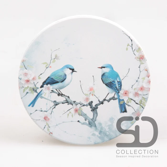 SET/4 ONDERZETTER ROND VOGELS BLAUW BLOESEM 10X10X0.7 CM